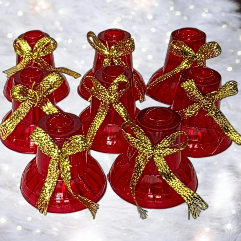 8 VTG Christmas Bell String Light Cover Replacement Red Gold Bow Craft Ornament